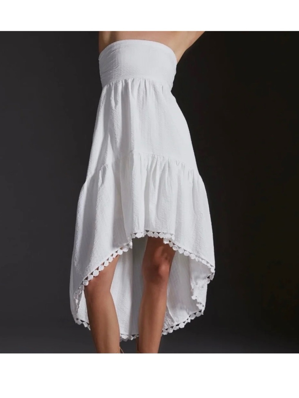 White Maeve Anthropologie Strapless High-Low Midi Dress with Pom Trim